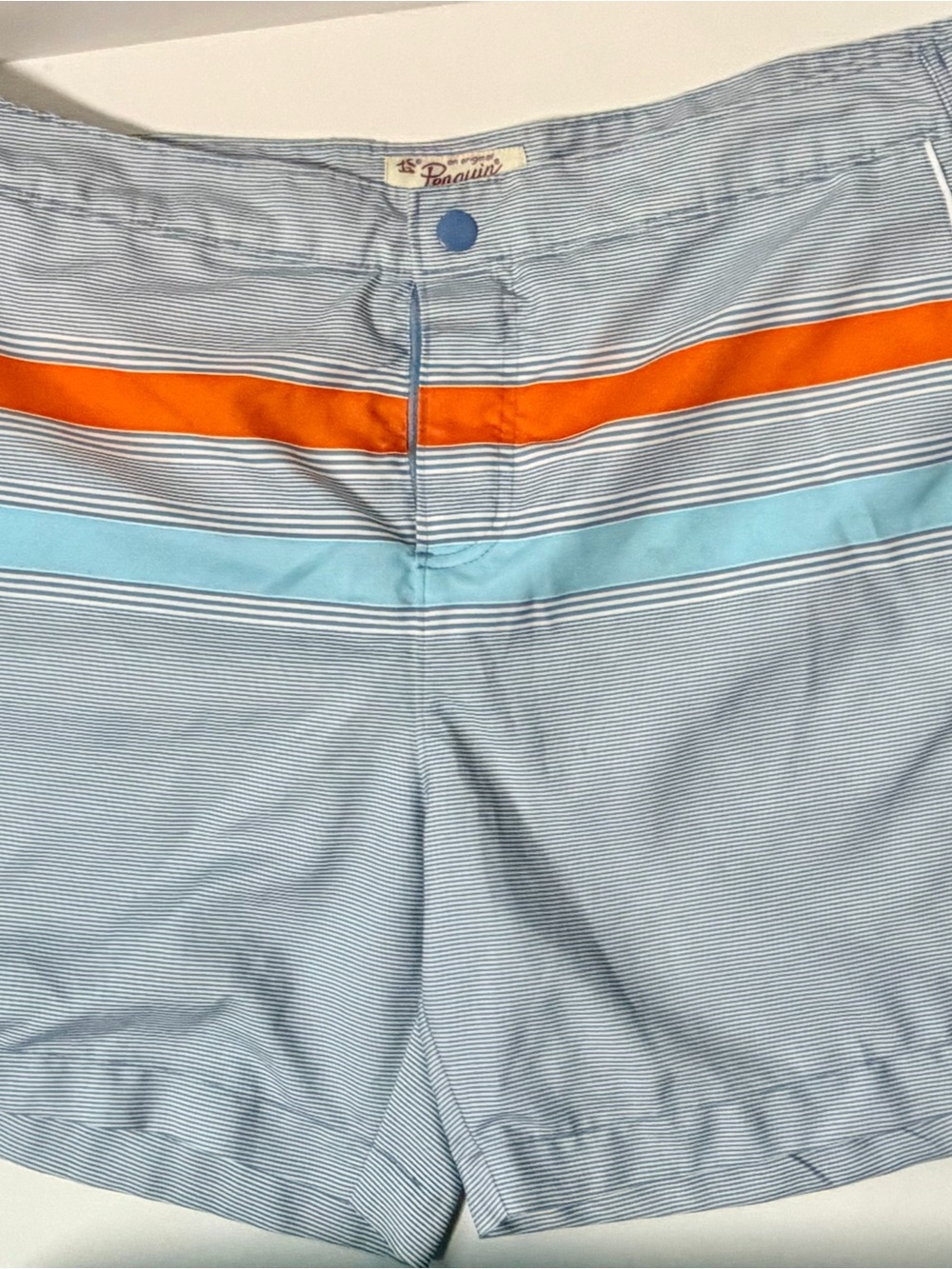 Original Penguin Light Blue Striped Swim Trunks with Orange and Aqua Bands